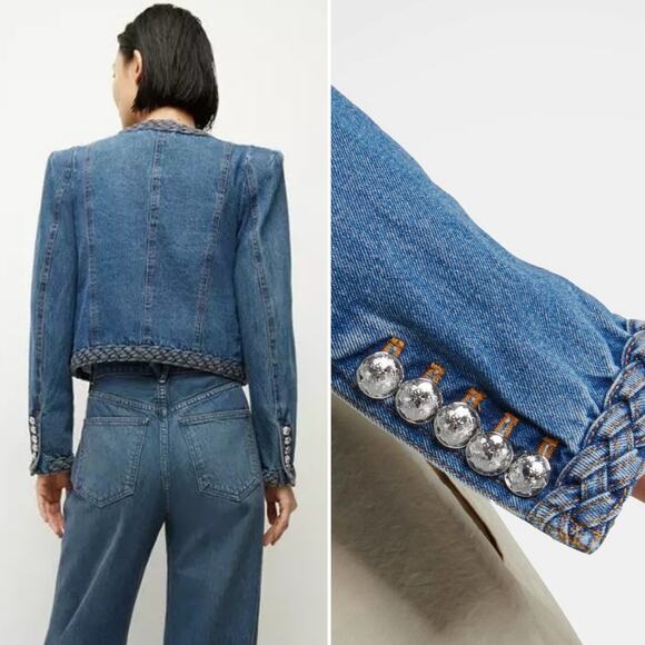 NWT Veronica Beard Arrowe Denim Jacket Collarless Blazer Jeans Size 8 - Picture 2 of 12